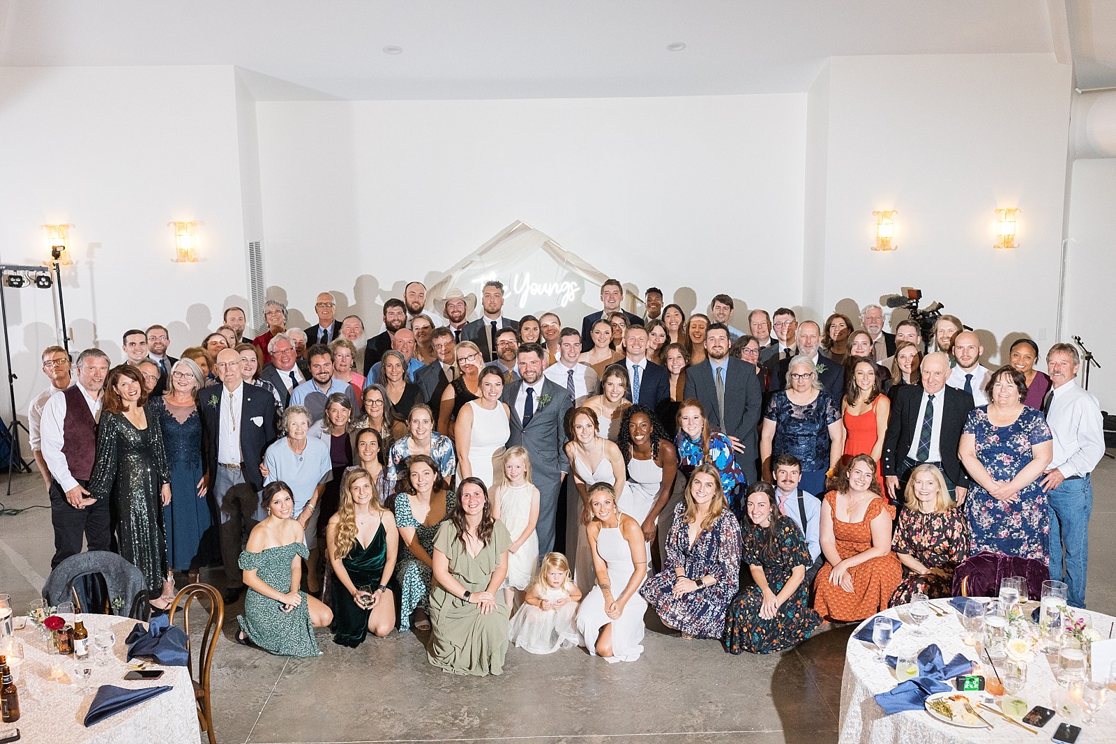 Group photo of all wedding guests at The Upchurch in Cary NC | Raleigh NC Wedding Photography | Sarah Hinckley Photography