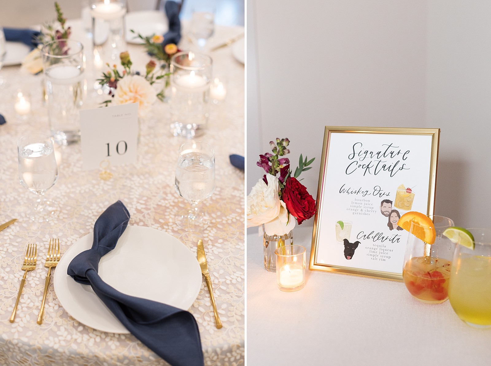 blue and gold table setting and signature cocktails  | Raleigh NC Wedding Photography