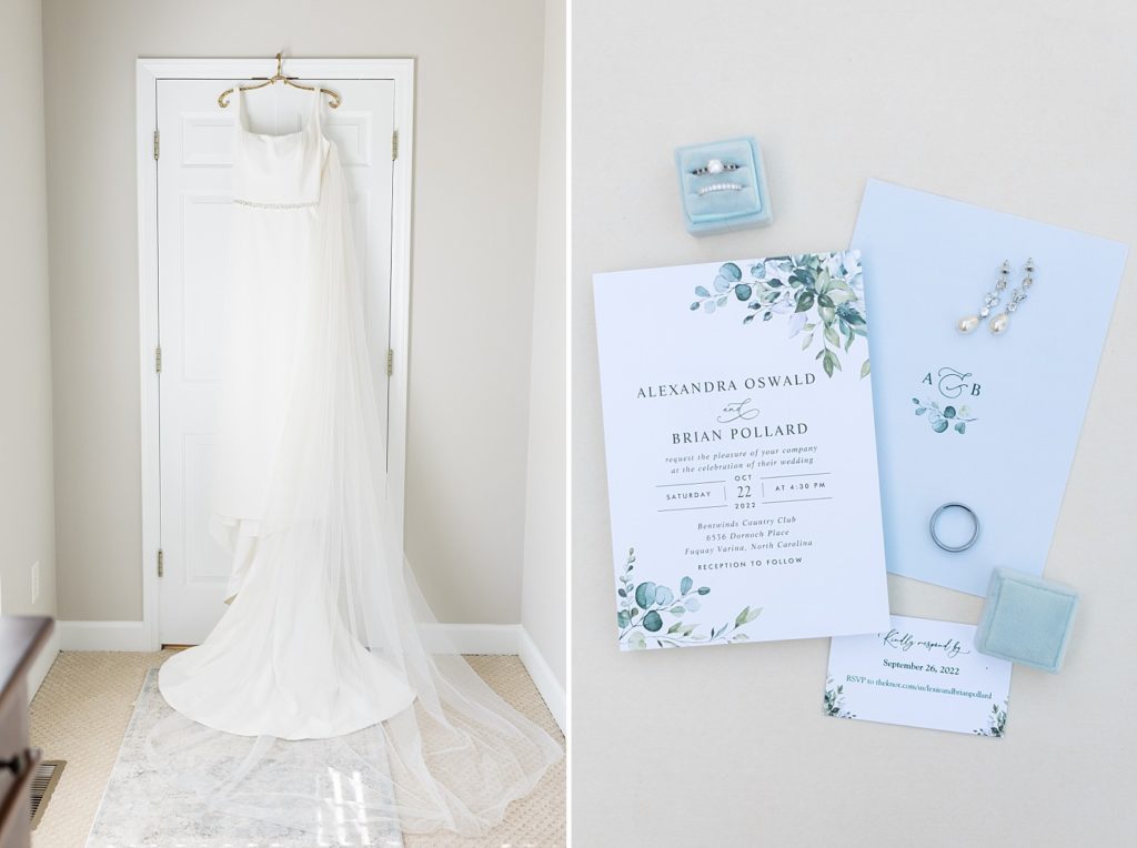 wedding dress hanging and carolina blue wedding invite | Bentwinds Country Club Wedding | Fall Wedding | North Carolina Wedding