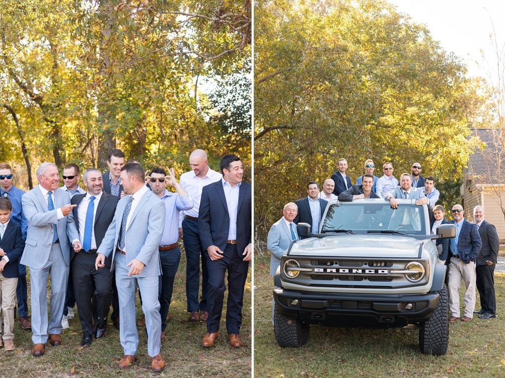 group photo with a ford bronco Bentwinds Country Club Wedding | Fall Wedding | North Carolina Wedding | Raleigh NC Wedding Photographer | Sarah Hinckley Photography