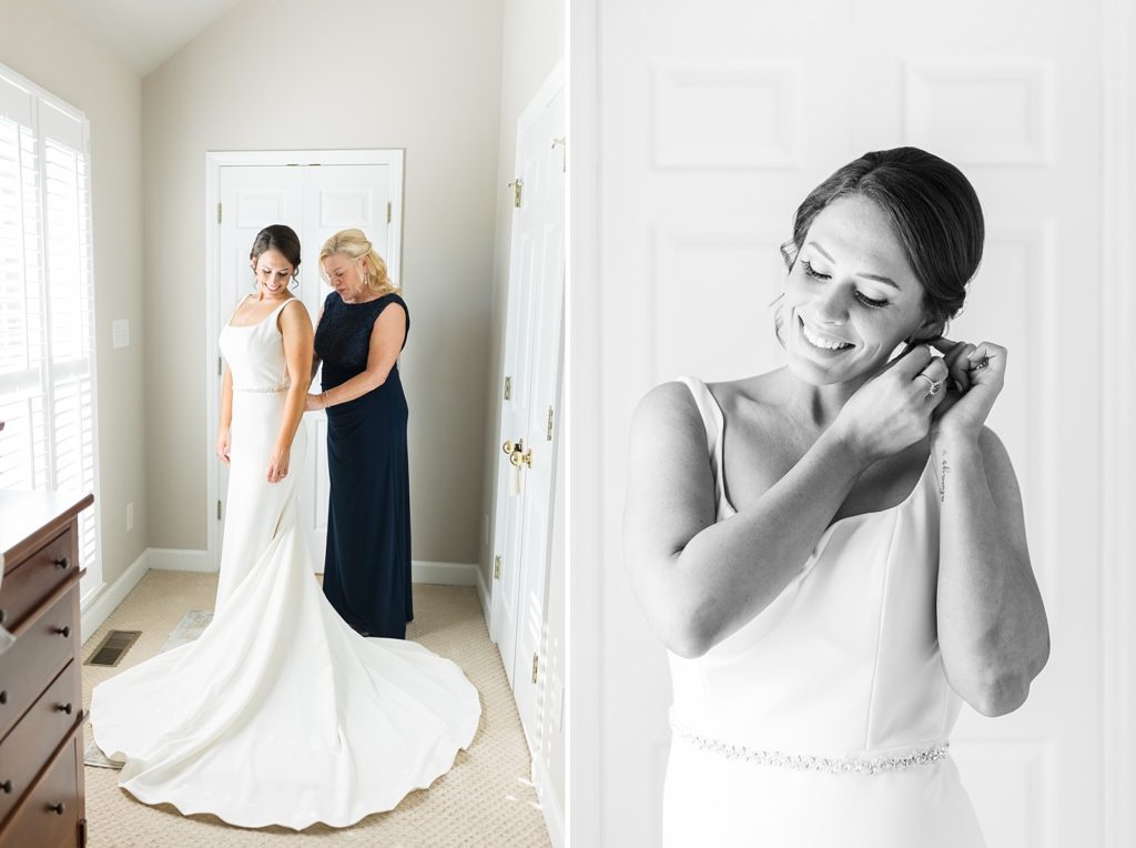 Brides mom zipping up her dress and bride putting on earrings | Fall Wedding | North Carolina Wedding | Raleigh NC Wedding Photographer 
