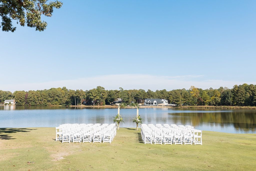 ceremony set up on the water  | Bentwinds Country Club Wedding | Fall Wedding | North Carolina Wedding | Raleigh NC Wedding Photographer | Sarah Hinckley Photography