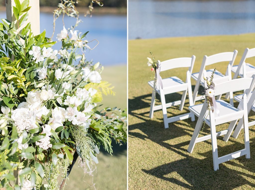 ceremony flower details and florals on aisle seating  | Bentwinds Country Club Wedding | Fall Wedding | North Carolina Wedding | Raleigh NC Wedding Photographer | Sarah Hinckley Photography