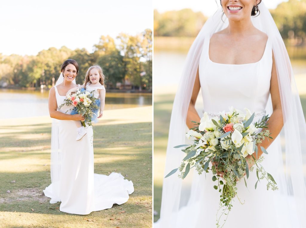 bride with flower girl and close up of bridal bouquet  | Bentwinds Country Club Wedding | Fall Wedding | North Carolina Wedding | Raleigh NC Wedding Photographer | Sarah Hinckley Photography