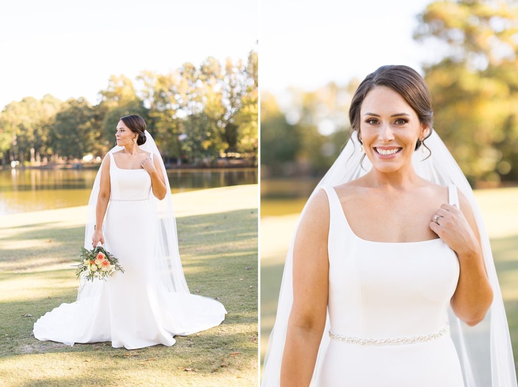 bride in front of lake  | Bentwinds Country Club Wedding | Fall Wedding | North Carolina Wedding 