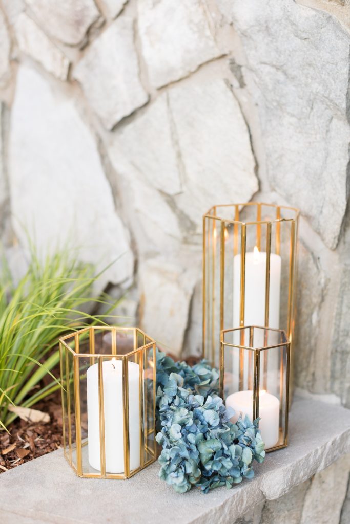 tall gold hexagon votives with candles and hydrangeas | Bentwinds Country Club Wedding | Fall Wedding | Raleigh NC Wedding Photographer | Sarah Hinckley Photography
