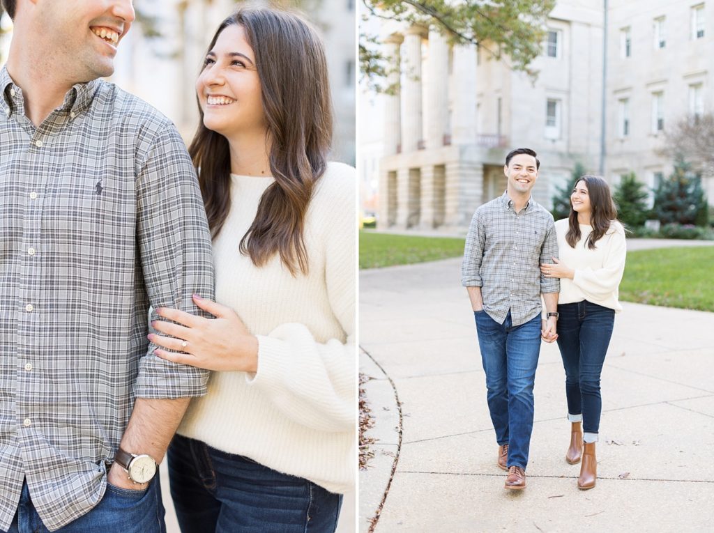 Close up of engagement ring and couple walking | Downtown Raleigh Engagement Photoshoot | Raleigh NC Wedding & Engagement Photographer 