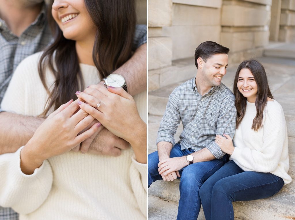 Details of engagement ring and groom to be looking at his fance | Downtown Raleigh Engagement Photoshoot | Raleigh NC Wedding & Engagement Photographer 