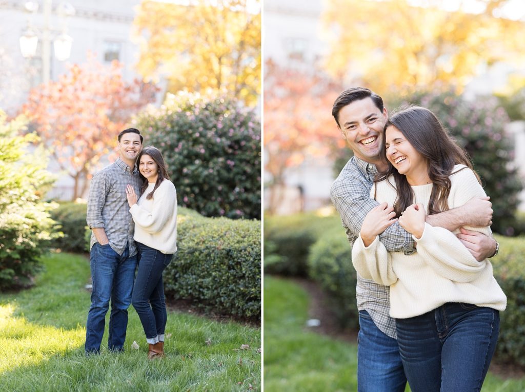 Couple embracing and laughing during their engagement photos | Downtown Raleigh Engagement Photoshoot | Raleigh NC Wedding & Engagement Photographer
