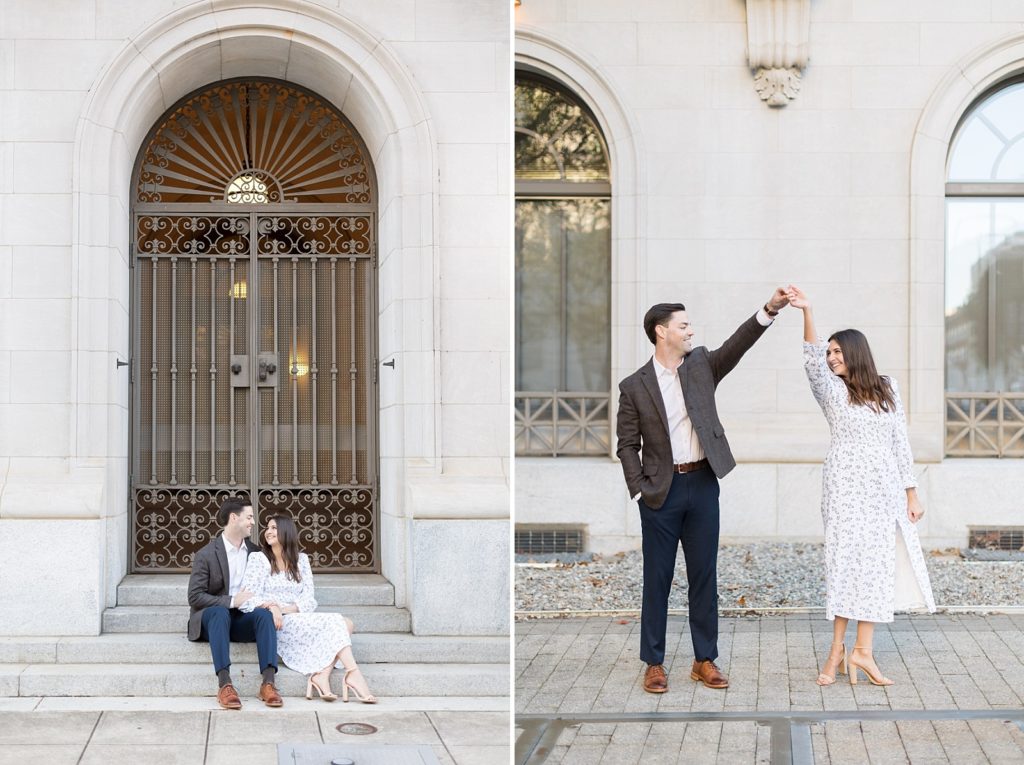 couple sitting in front of arched door and groom to be twirling his fiance | Downtown Raleigh Engagement Photoshoot | Raleigh NC Wedding & Engagement Photographer | Sarah Hinckley Photography 