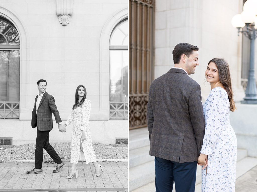 black and white photo of couple walking | Downtown Raleigh Engagement Photoshoot 
