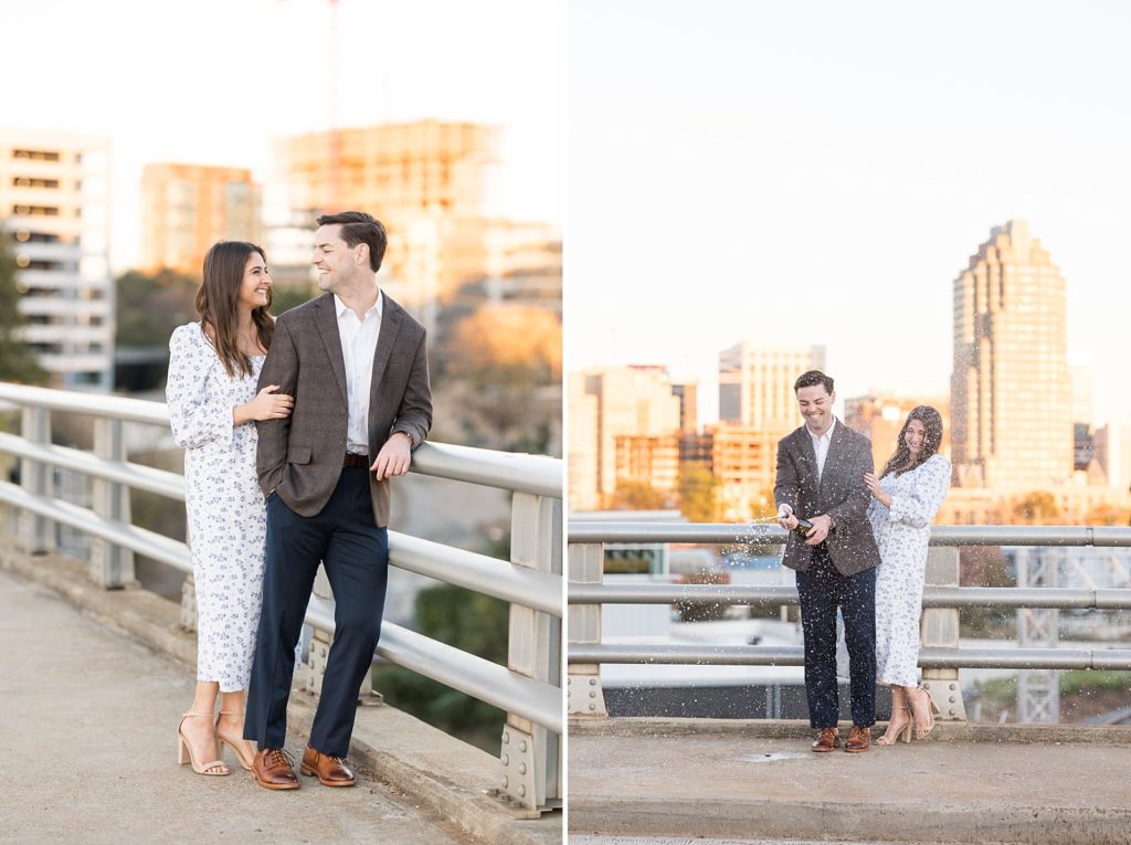 Couple on bridge and popping champagne | Downtown Raleigh Engagement Photoshoot | Raleigh NC Wedding & Engagement Photographer | Sarah Hinckley Photography 