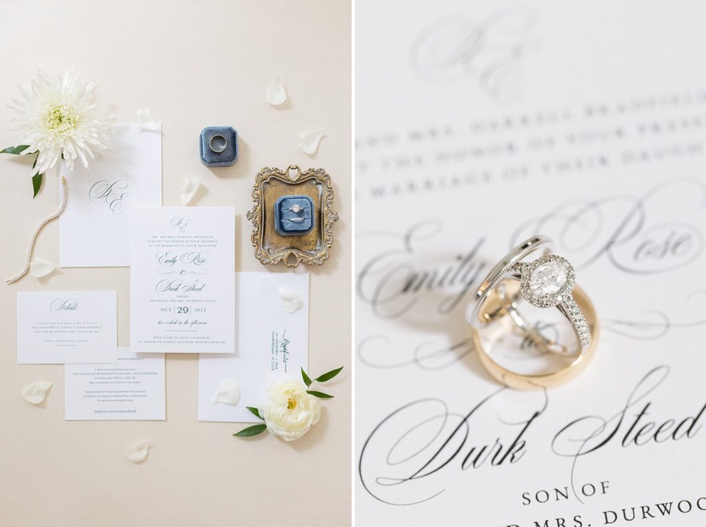 invitation suite and wedding rings on invitation | Fall Wedding at The Meadows in Raleigh | Raleigh NC Wedding Photographer