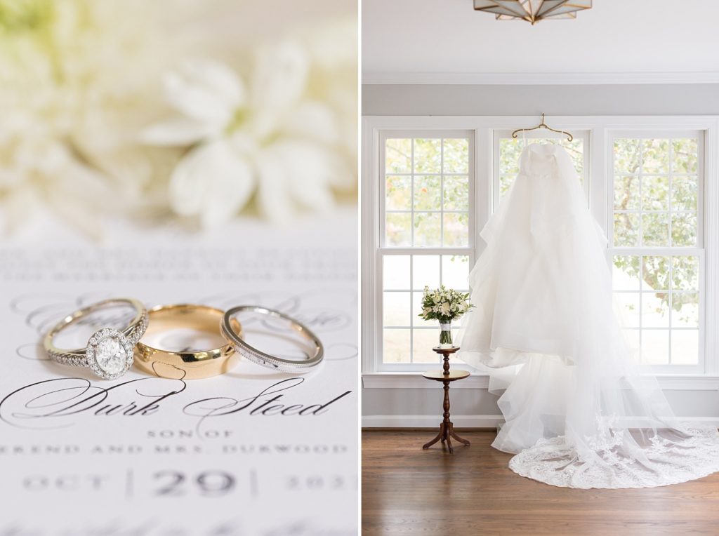 wedding bands and wedding dress hanging in front of windows | Fall Wedding at The Meadows in Raleigh | Raleigh NC Wedding Photographer