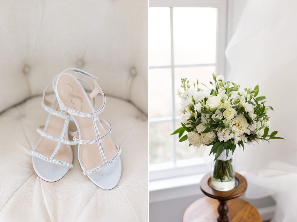 brides wedding shoes and the bridal bouquet | Raleigh NC Wedding Photographer