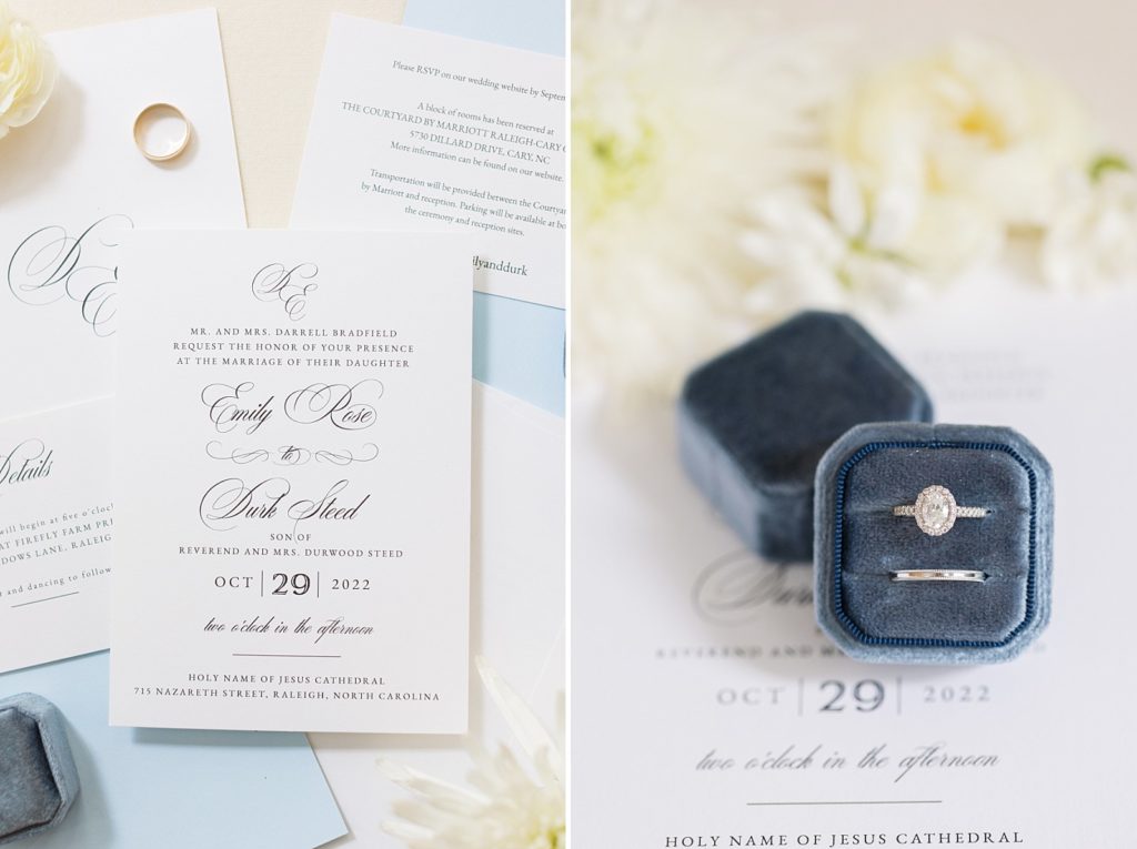 simple and elegant white invitation suite and brides rings in ring box | Fall Wedding at The Meadows in Raleigh | Raleigh NC Wedding Photographer