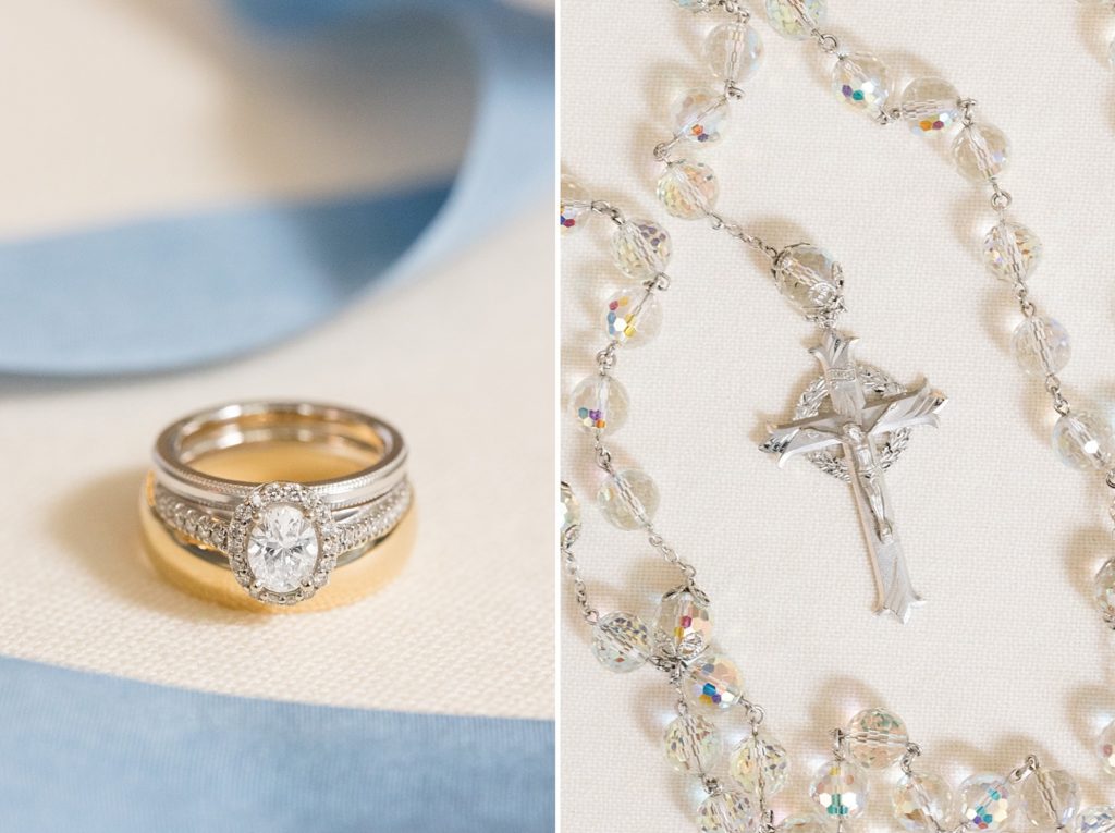 brides wedding band and engagement ring | brides rosary beads | Fall Wedding at The Meadows in Raleigh | Raleigh NC Wedding Photographer