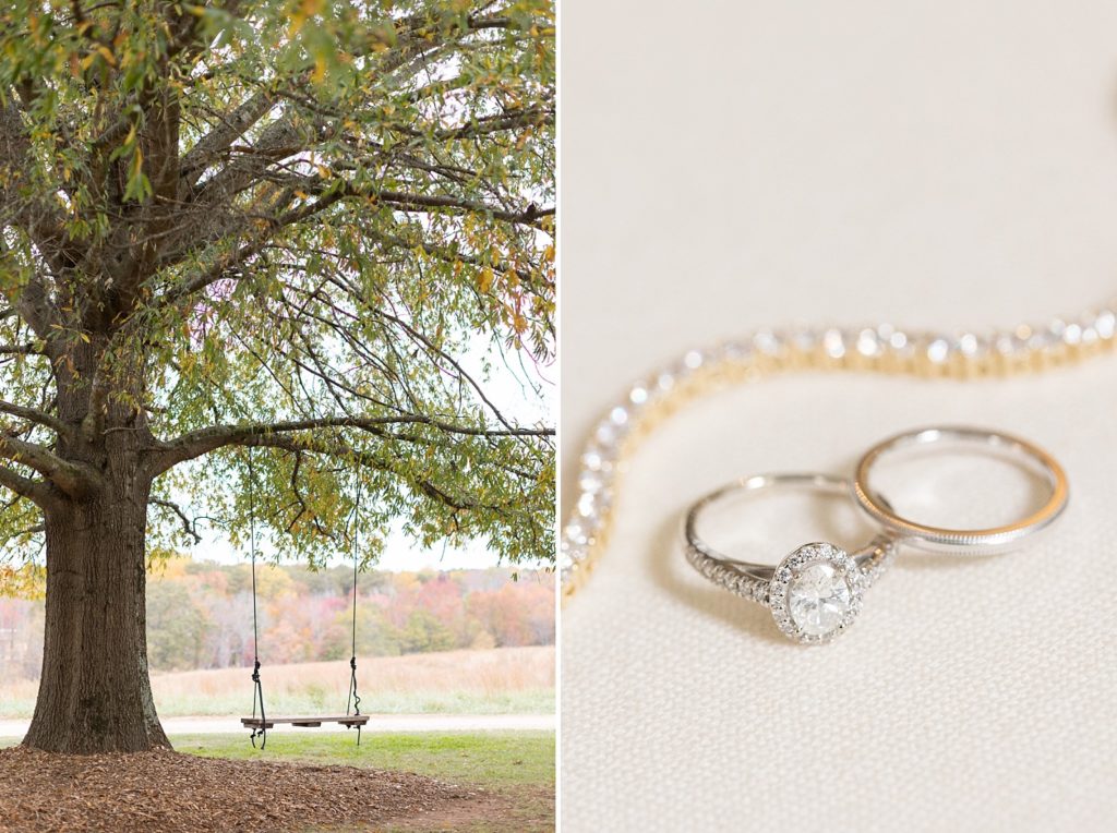 tree with swing and brides wedding bands and diamond tennis bracelet | Fall Wedding at The Meadows in Raleigh | Raleigh NC Wedding Photographer