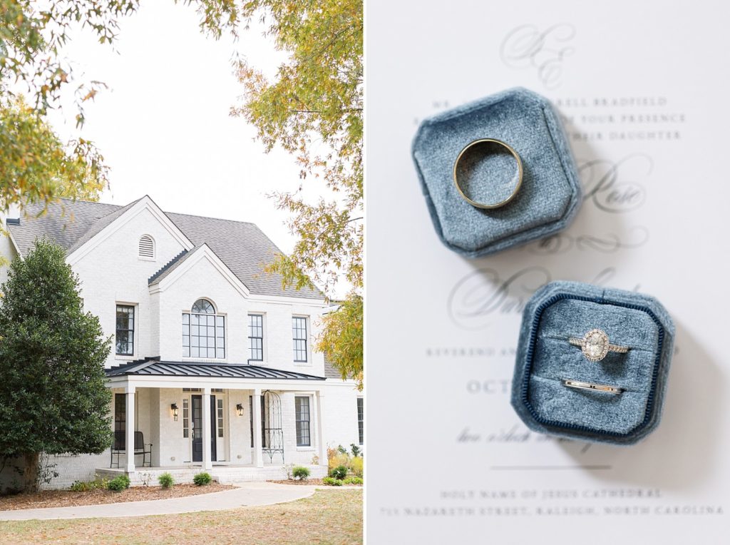 outside of venue and rings in ring box | Fall Wedding at The Meadows in Raleigh | Raleigh NC Wedding Photographer