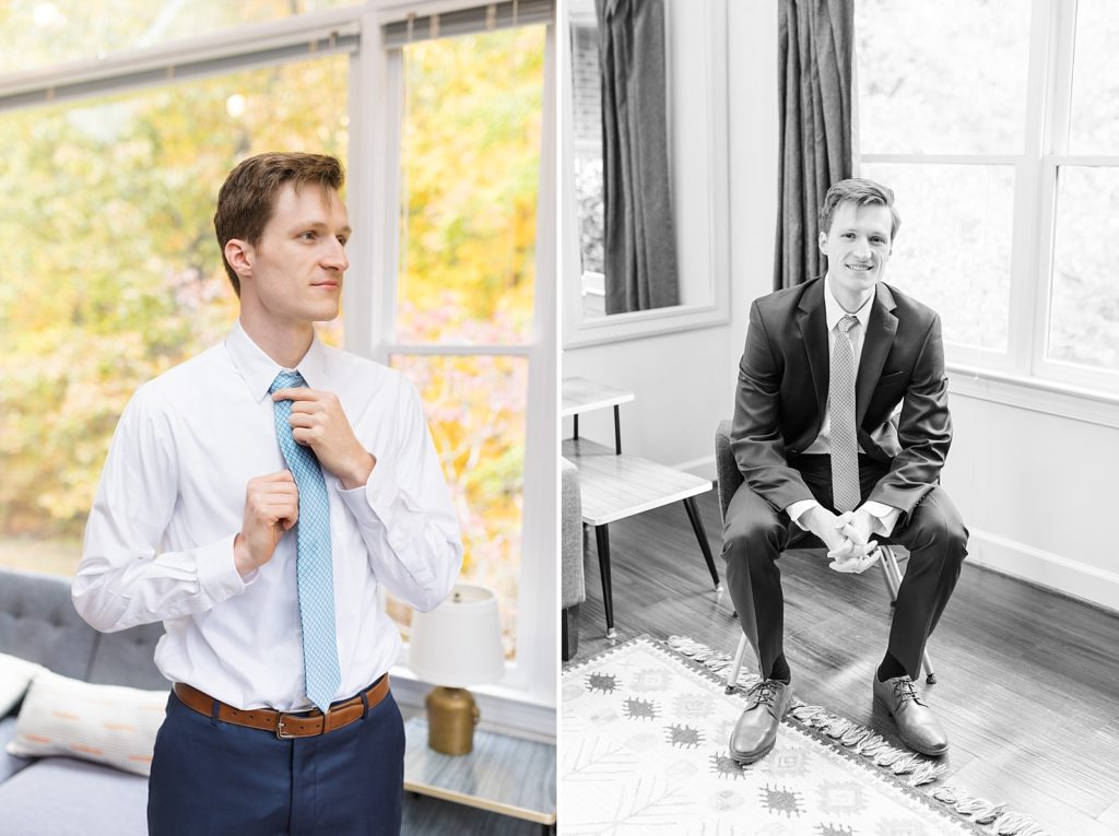 groom putting on his tie and black and white photo of groom sitting | Fall Wedding at The Meadows in Raleigh | Raleigh NC Wedding Photographer