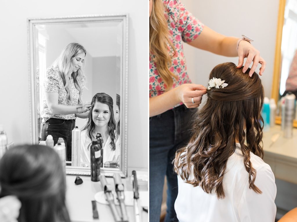 Photo of bride in mirror getting her hair done and bridal hair details  | Fall Wedding at The Meadows in Raleigh | Raleigh NC Wedding Photographer