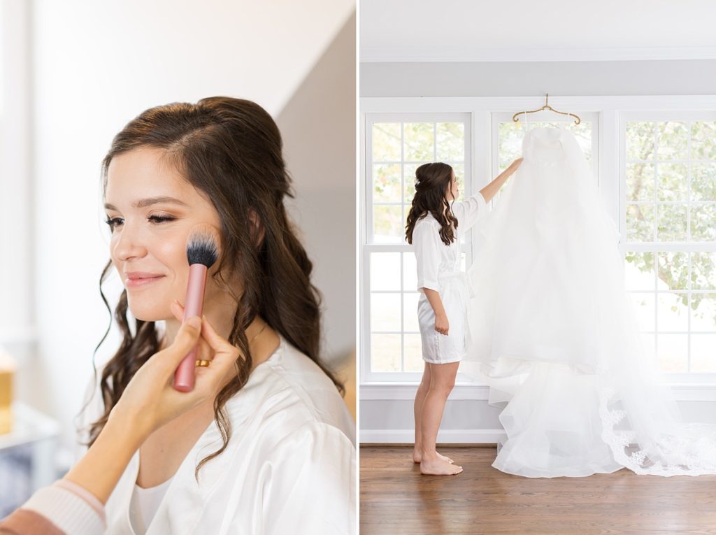 Bride getting her make up done and bride standing at her dress  | Fall Wedding at The Meadows in Raleigh | Raleigh NC Wedding Photographer