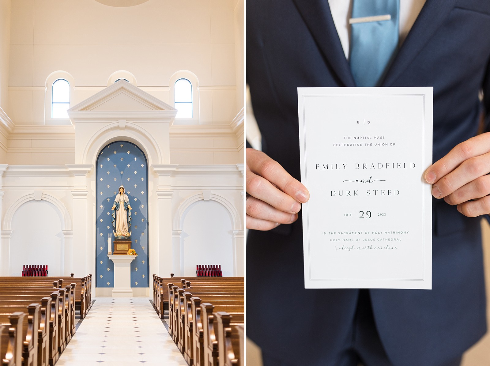 ceremony location and groom holding wedding invitation  | Fall Wedding at The Meadows in Raleigh | Raleigh NC Wedding Photographer