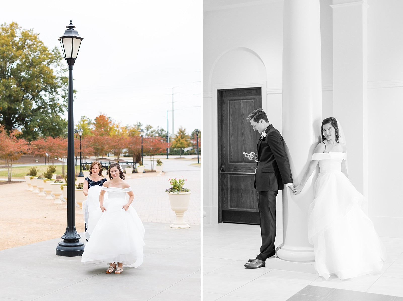 brides mother helping her walk into the church and bride and groom steeling a moment before the ceremony  | Fall Wedding at The Meadows in Raleigh | Raleigh NC Wedding Photographer