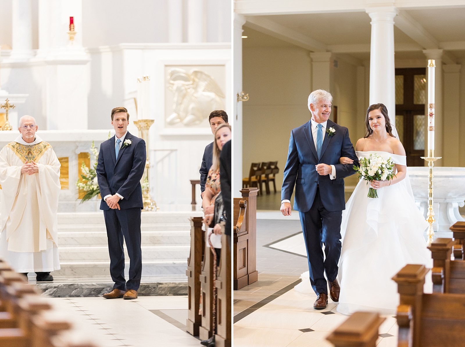 grooms first look of bride walking down the aisle  | Fall Wedding at The Meadows in Raleigh | Raleigh NC Wedding Photographer