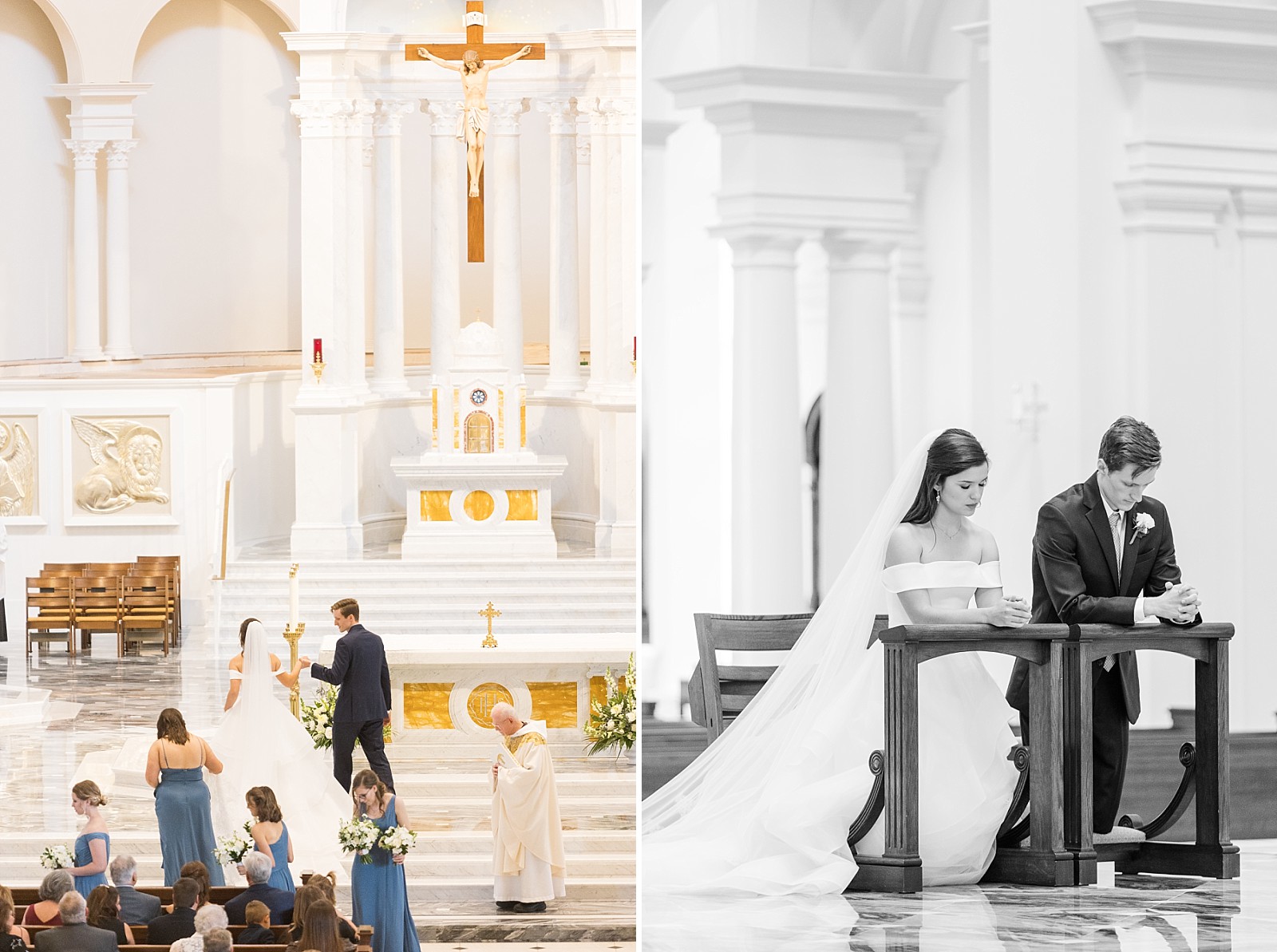 bride and groom praying  | Fall Wedding at The Meadows in Raleigh | Raleigh NC Wedding Photographer