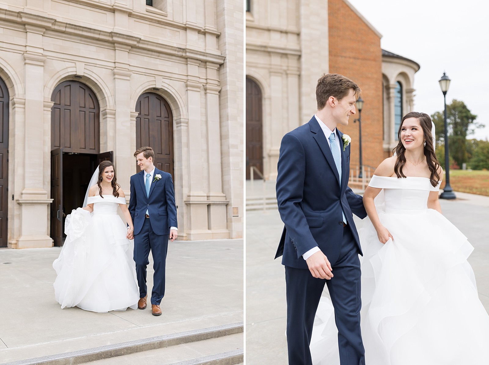 Bride and groom walking out of church together | bride and groom church photos  | Fall Wedding at The Meadows in Raleigh | Raleigh NC Wedding Photographer