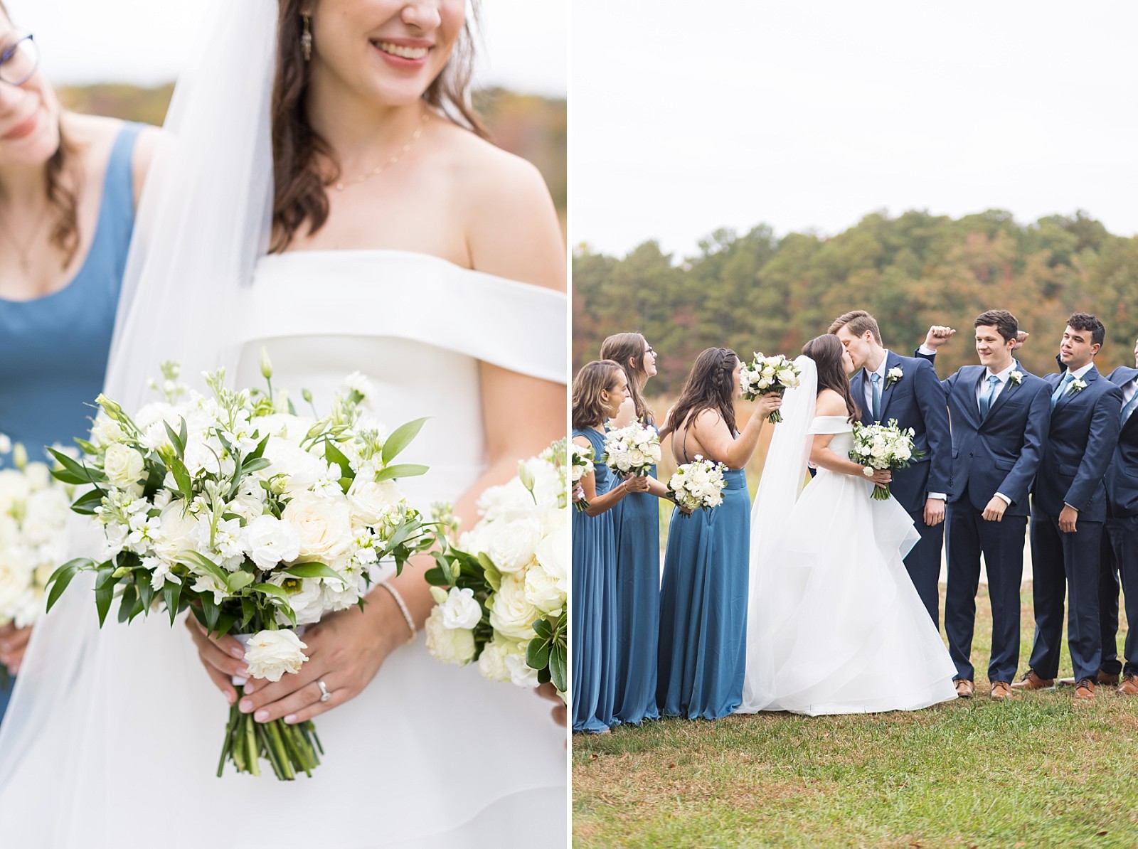 detail of bridal bouquet and bride and groom kissing   | Fall Wedding at The Meadows in Raleigh | Raleigh NC Wedding Photographer