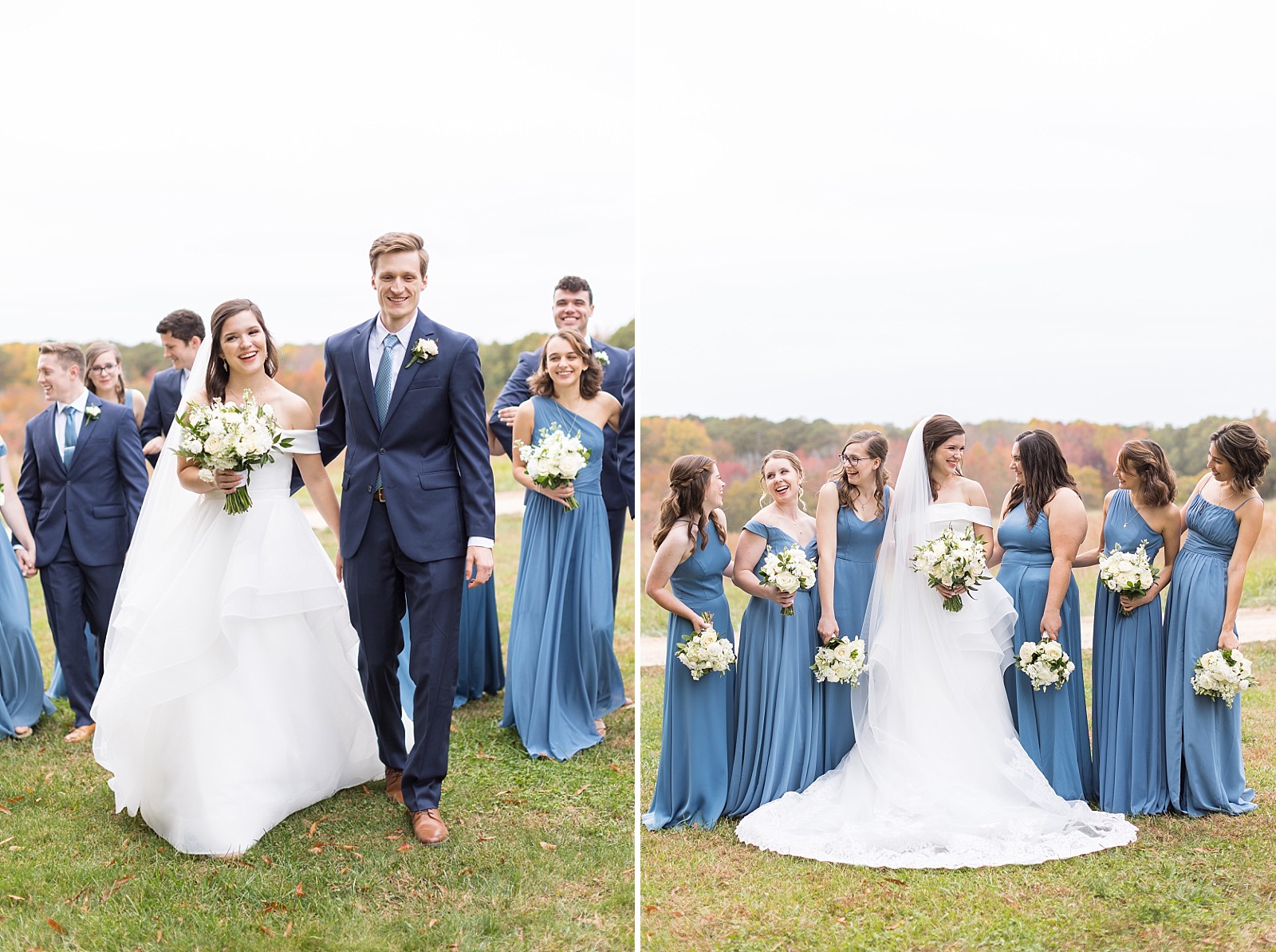 bride and groom walking and bride with her bridesmaids   | Fall Wedding at The Meadows in Raleigh | Raleigh NC Wedding Photographer