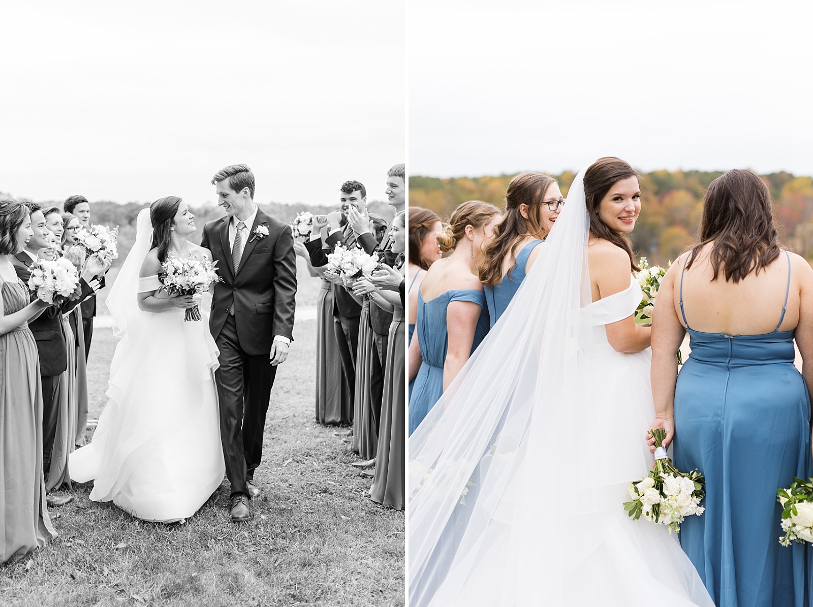 Bride and groom walking through their bridal party and bride looking over her shoulder   | Fall Wedding at The Meadows in Raleigh | Raleigh NC Wedding Photographer