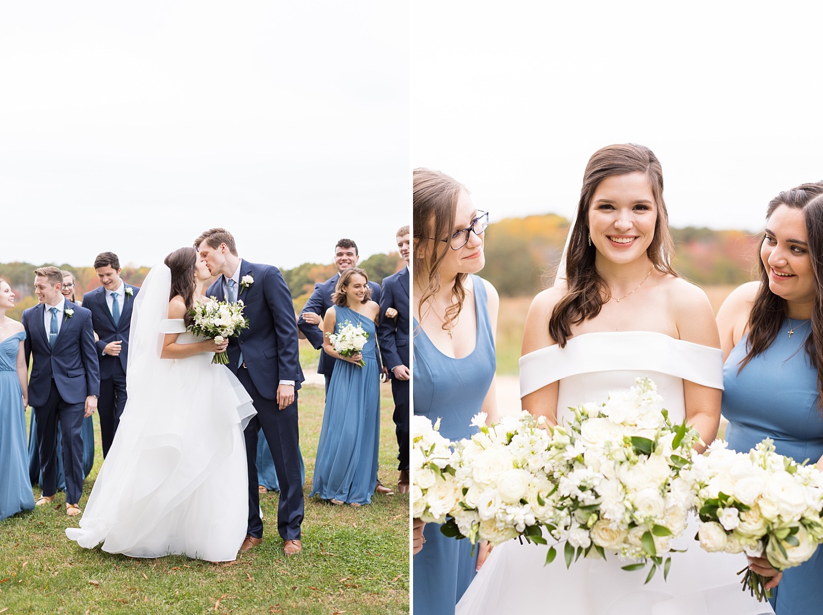 Bride and groom kissing and bridesmaids looking a bride | Fall Wedding at The Meadows in Raleigh | Raleigh NC Wedding Photographer