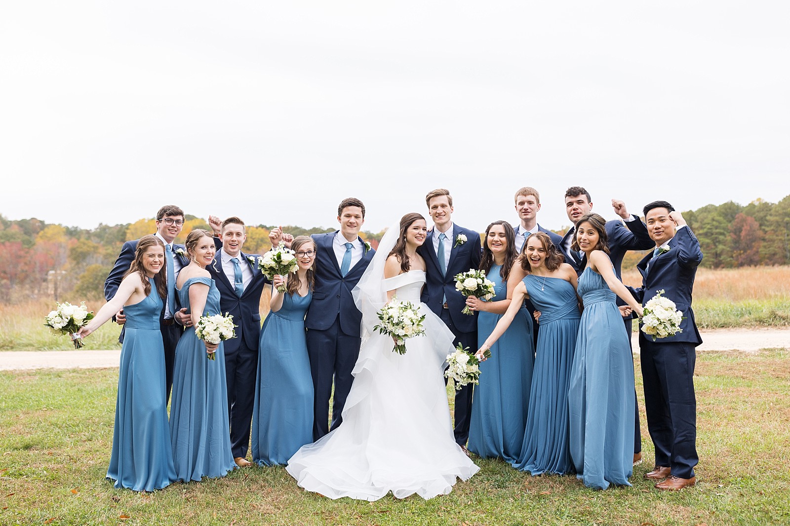Wedding party celebrating | Fall Wedding at The Meadows in Raleigh | Raleigh NC Wedding Photographer