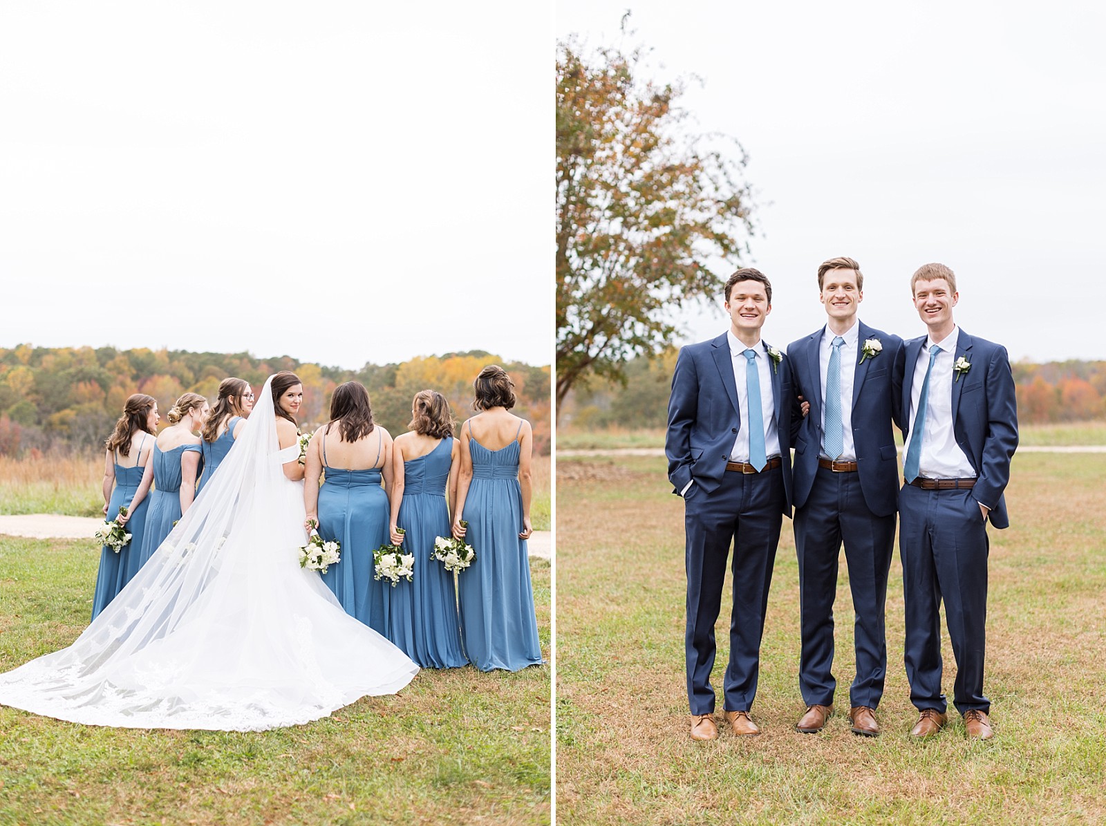 Back of bridal party and groom with friends | Fall Wedding at The Meadows in Raleigh | Raleigh NC Wedding Photographer