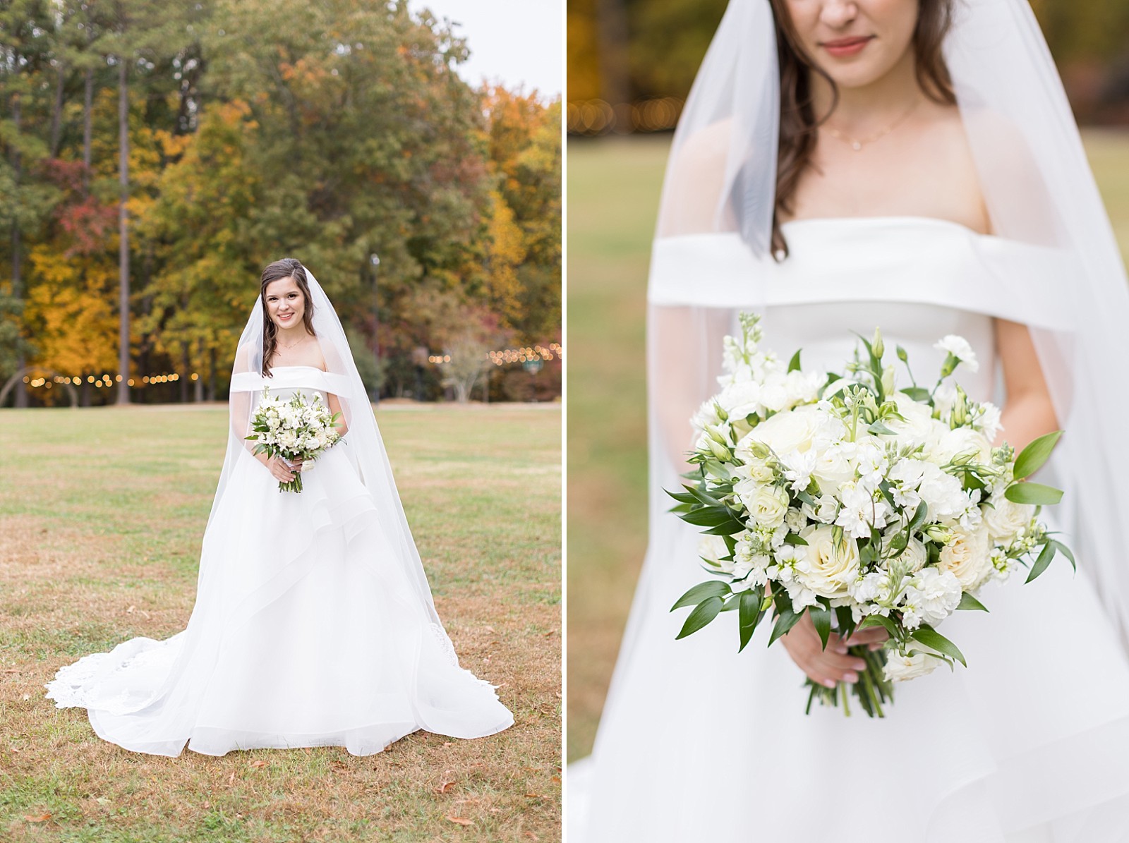 Photo of bride in her veil and bride holding her bouquet | Fall Wedding at The Meadows in Raleigh | Raleigh NC Wedding Photographer