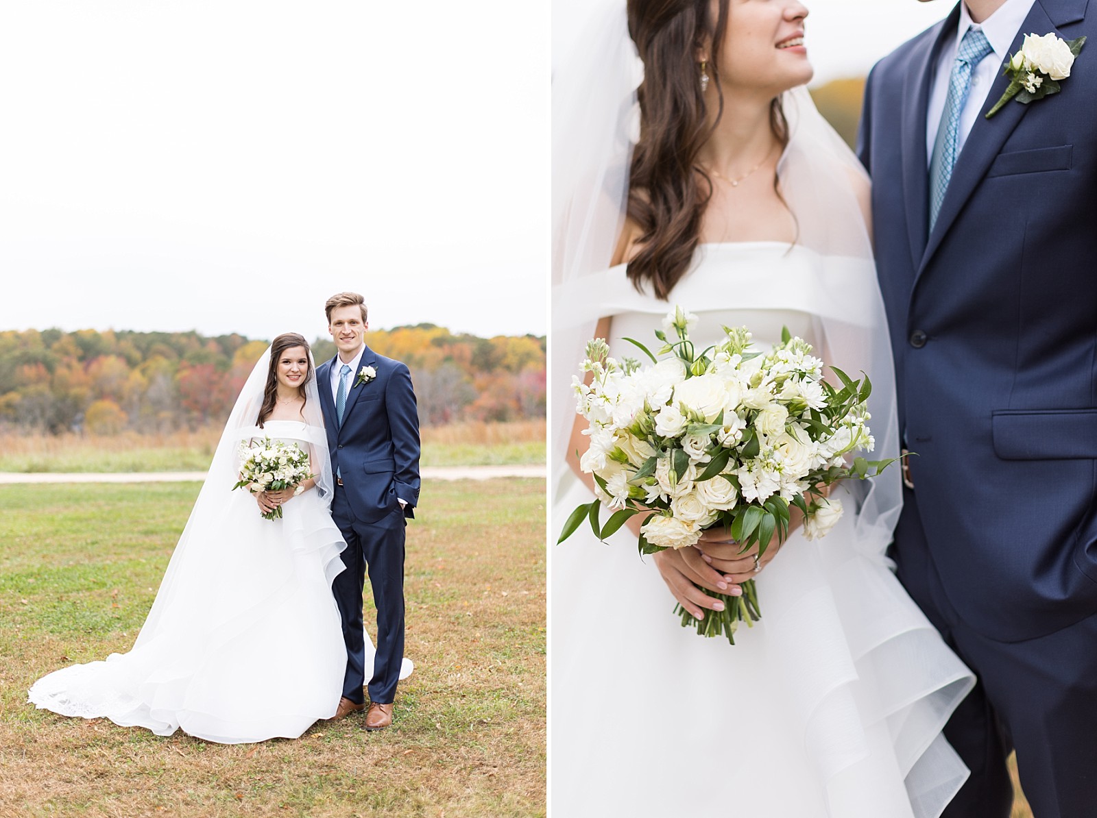 Bride and groom outside and details of wedding flowers | Fall Wedding at The Meadows in Raleigh | Raleigh NC Wedding Photographer