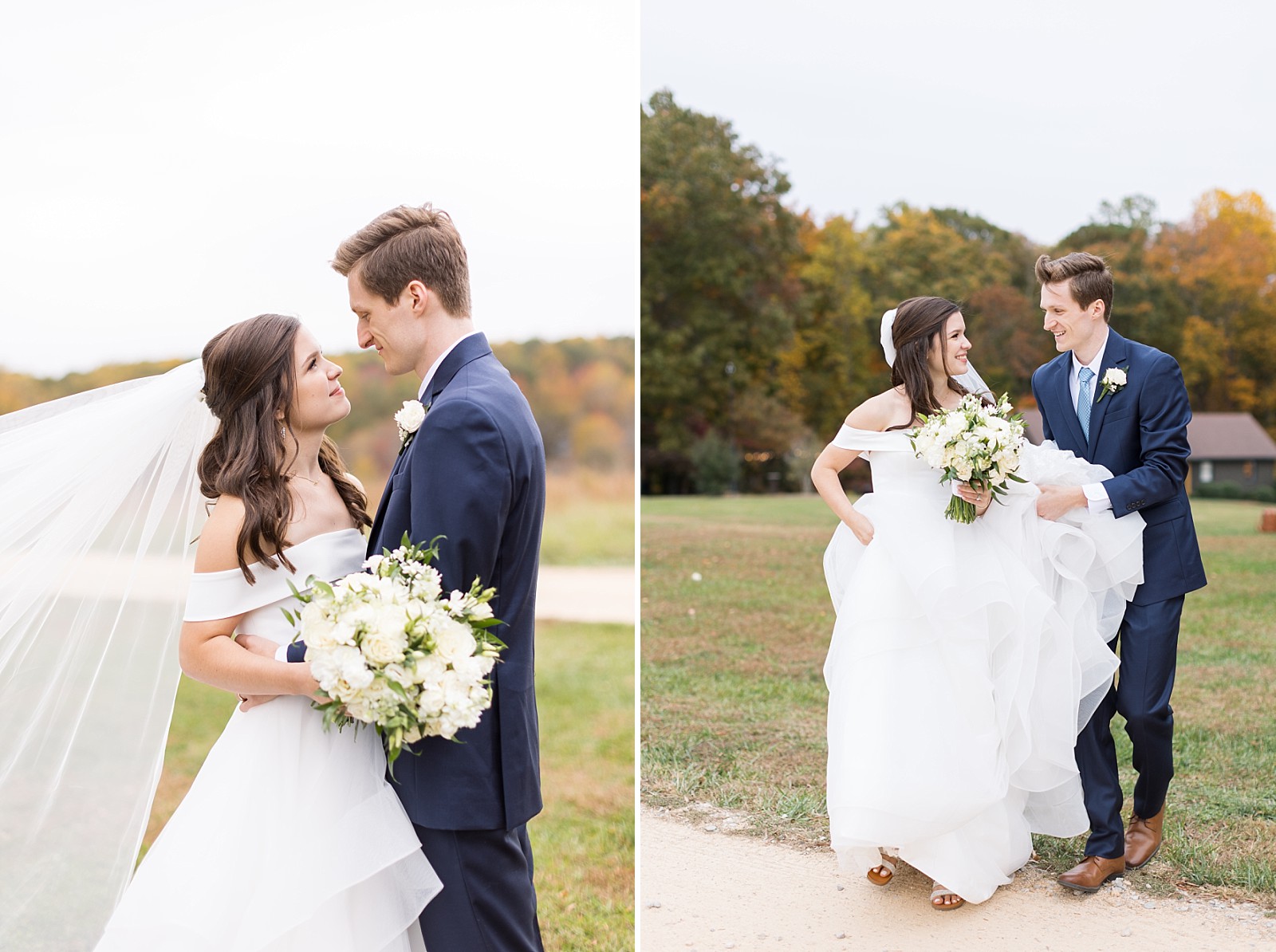 Bride and groom looking into each other's eyes | Fall Wedding at The Meadows in Raleigh