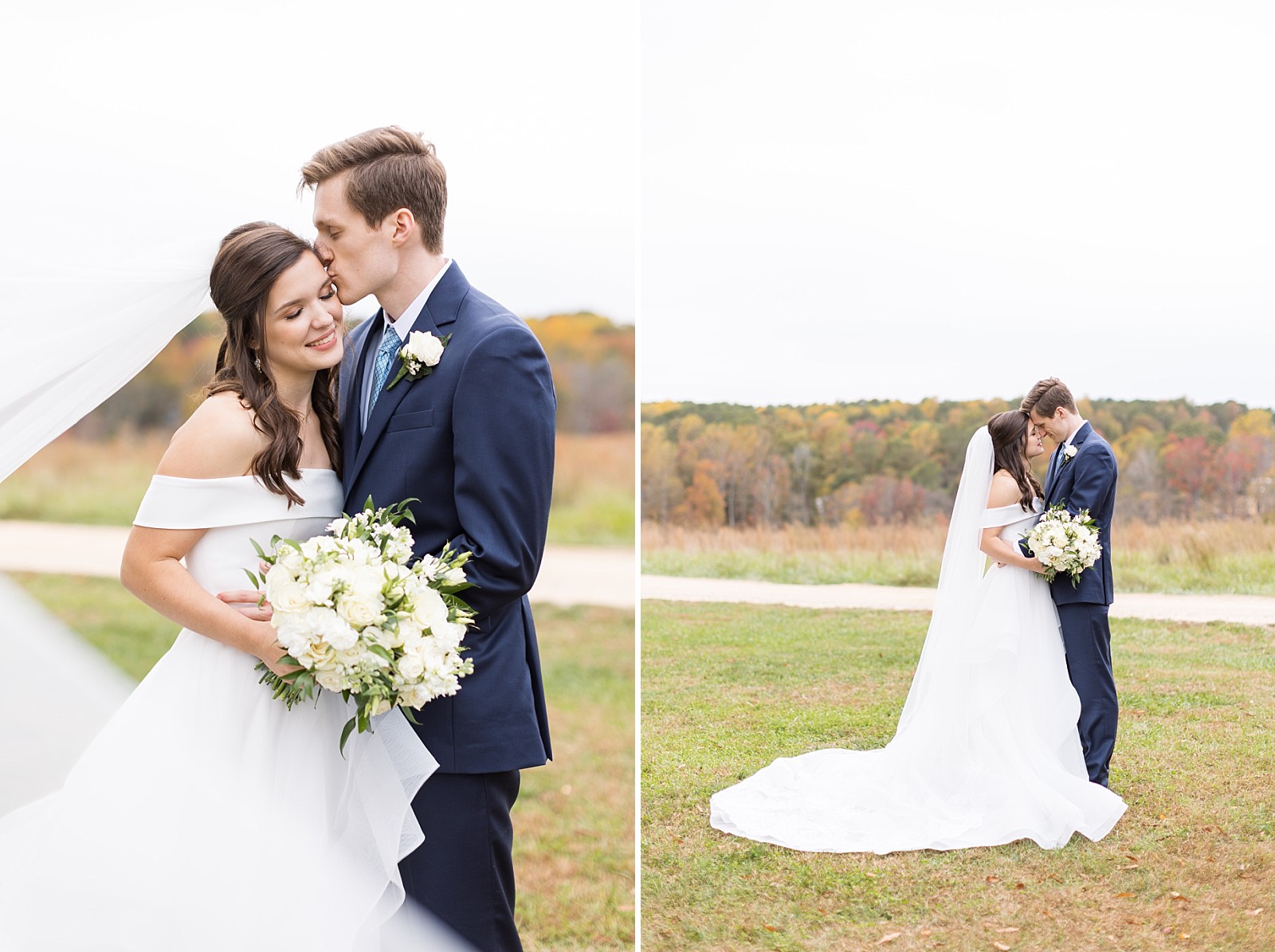 Brides veil blowing in the wind | Fall Wedding at The Meadows in Raleigh | Raleigh NC Wedding Photographer