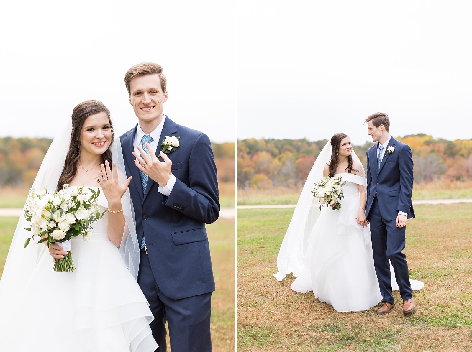 Newlyweds showing off their new wedding bands | Fall Wedding at The Meadows in Raleigh | Raleigh NC Wedding Photographer