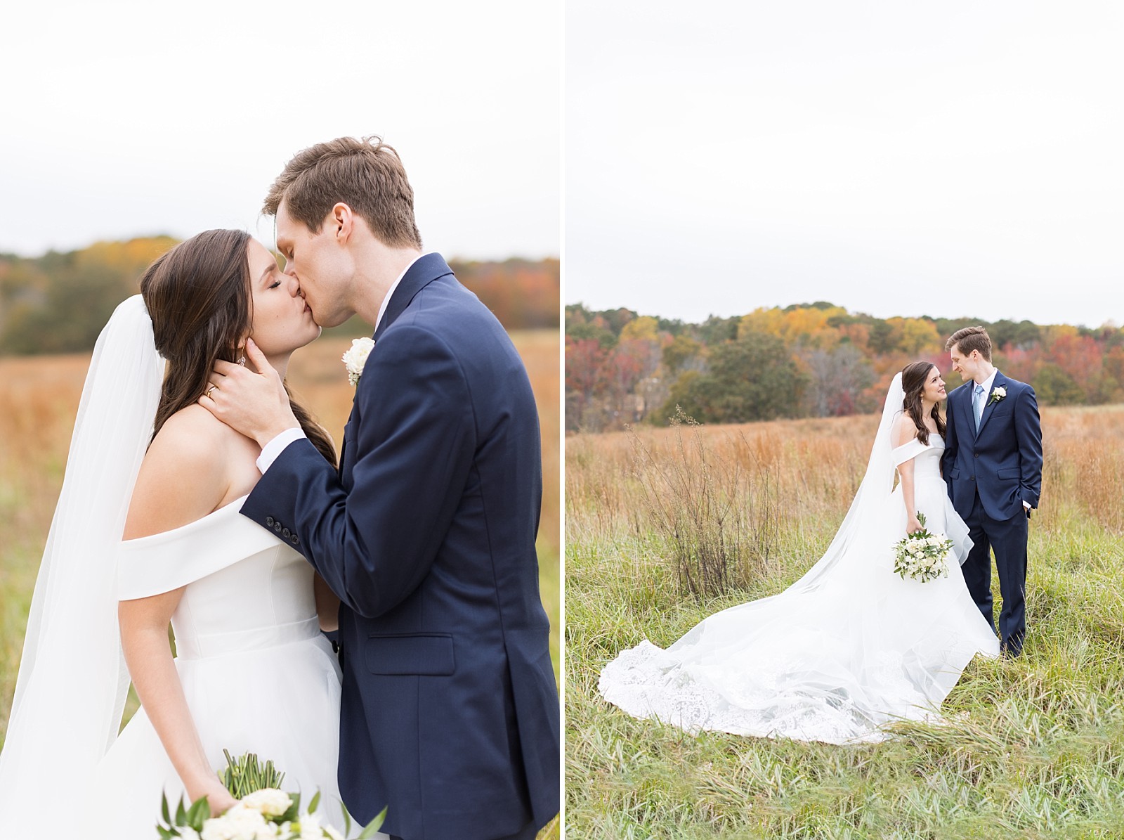 Bride and groom kissing | Fall Wedding at The Meadows in Raleigh | Raleigh NC Wedding Photographer