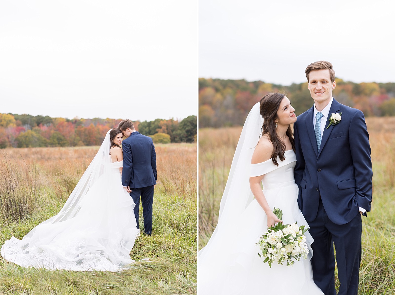 Fall wedding photos of bride and groom | The Meadows in Raleigh | Raleigh NC Wedding Photographer