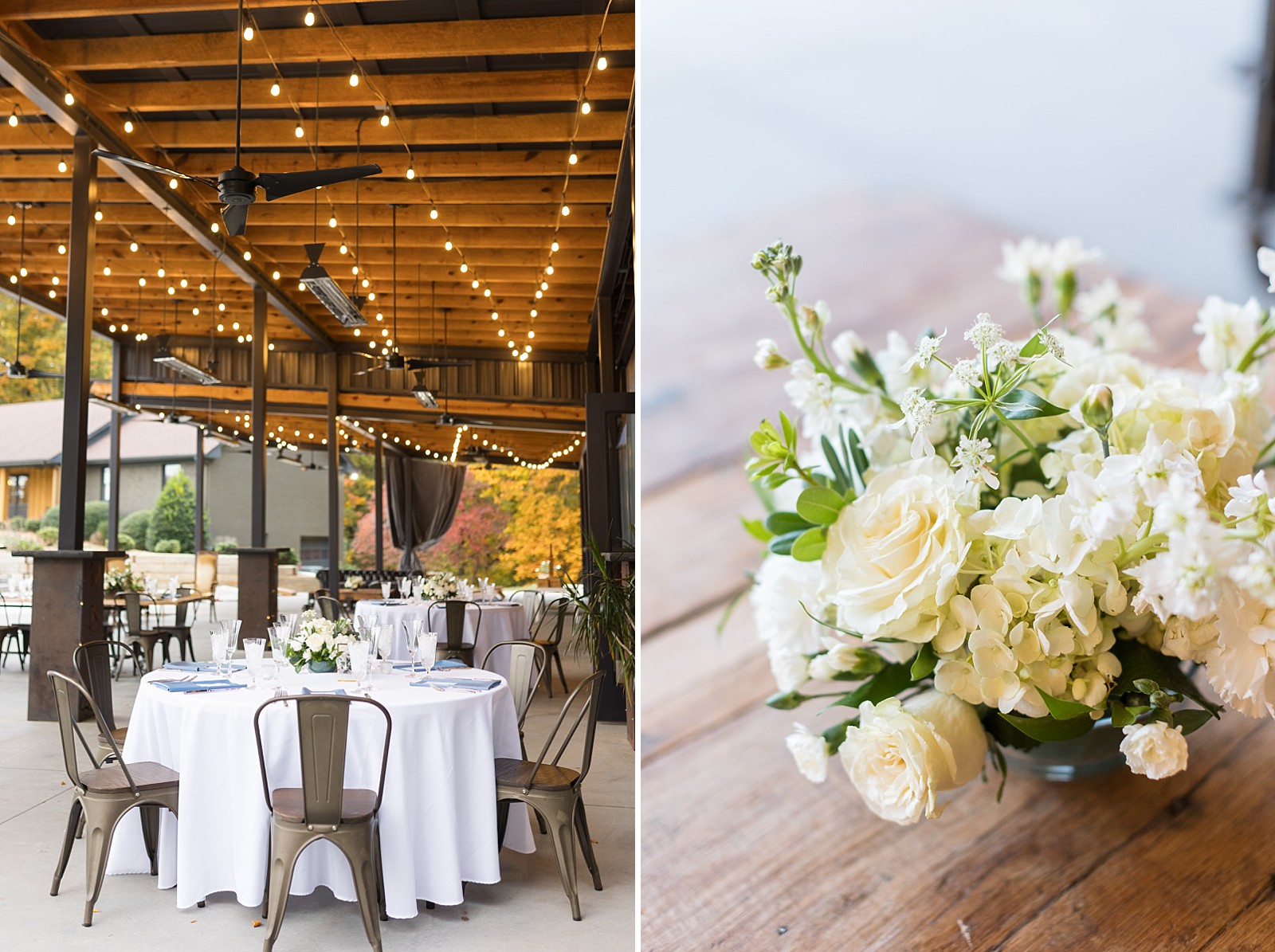 reception tables and details of flowers | The Meadows in Raleigh | Raleigh NC Wedding Photographer