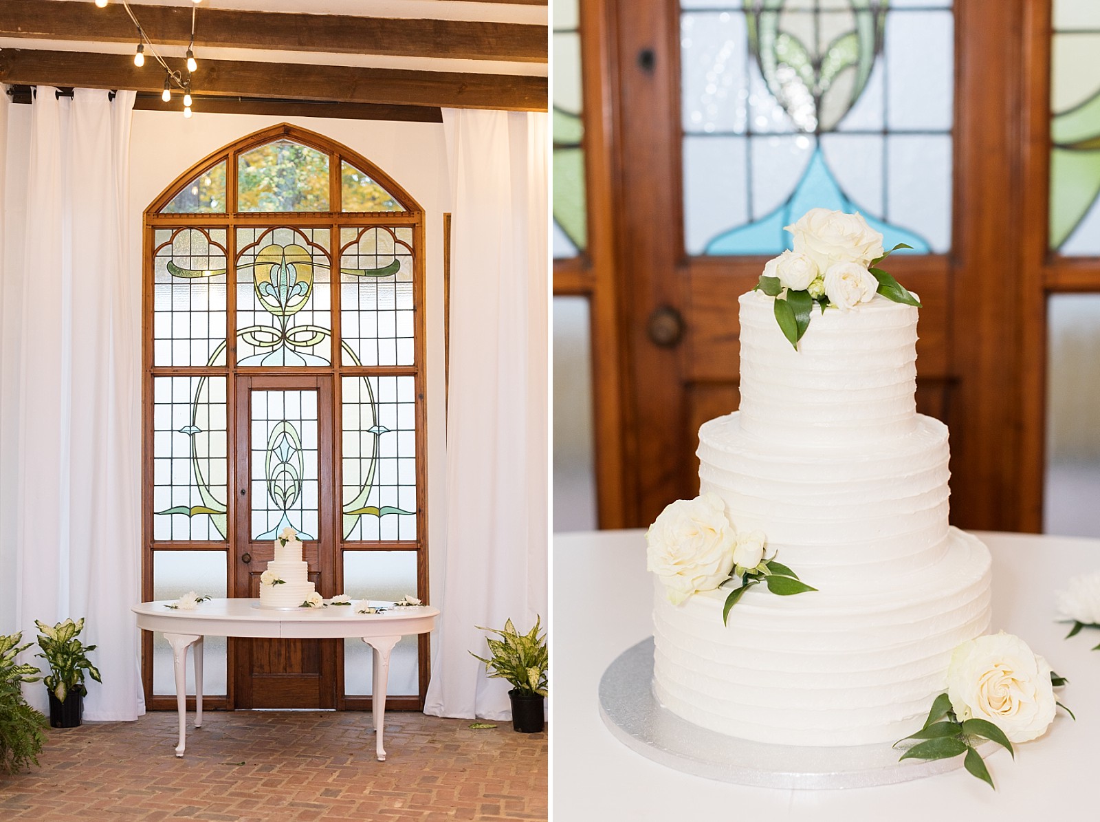Cake in front of stained glass window and cake details  | The Meadows in Raleigh | Raleigh NC Wedding Photographer