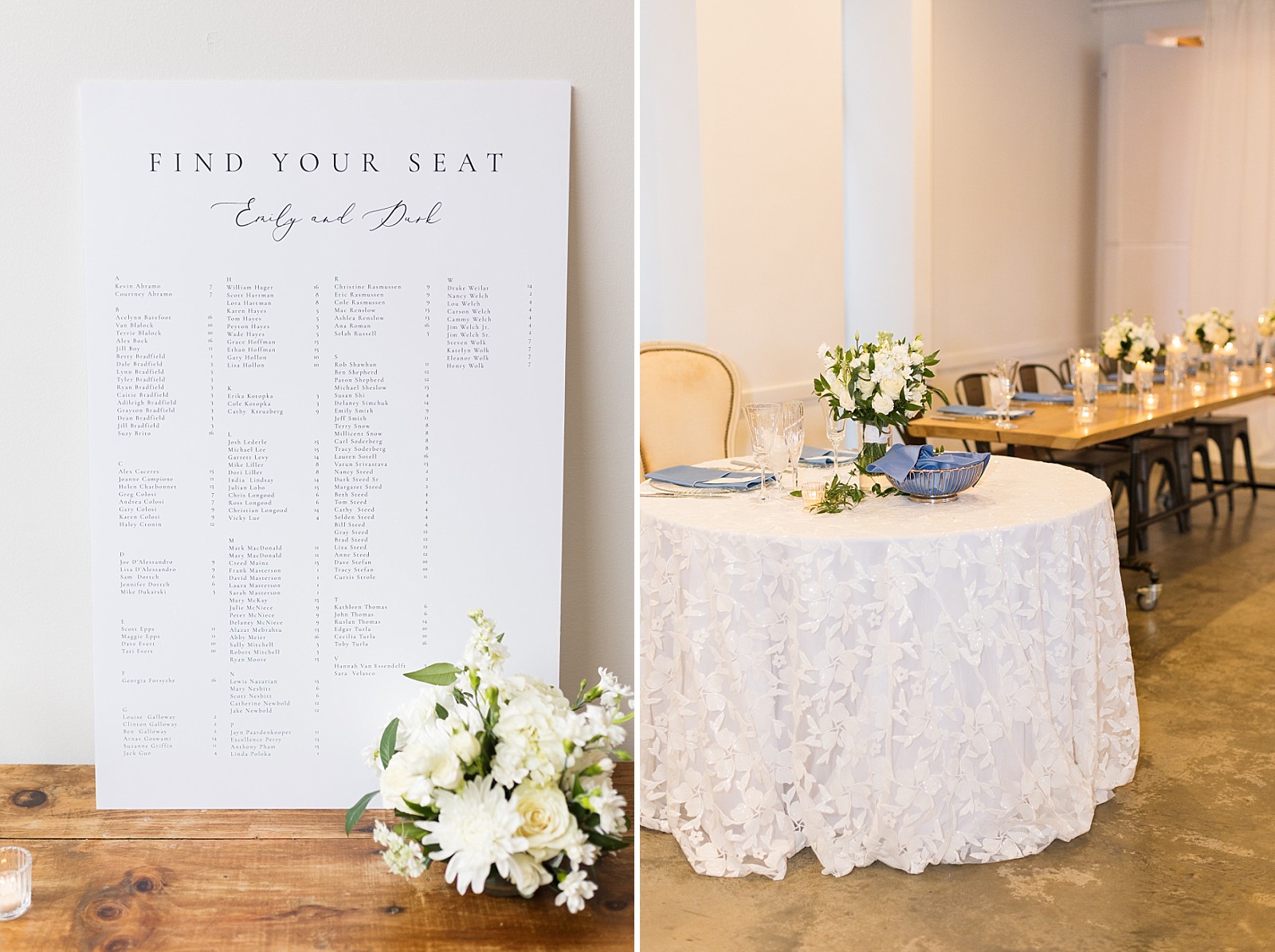 photo of seating chart and sweetheart table with lace tablecloth  | The Meadows in Raleigh | Raleigh NC Wedding Photographer