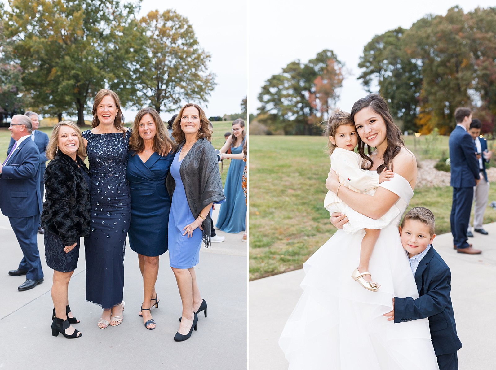 Wedding guests and bride with flower girl and ring bearer  | The Meadows in Raleigh | Raleigh NC Wedding Photographer