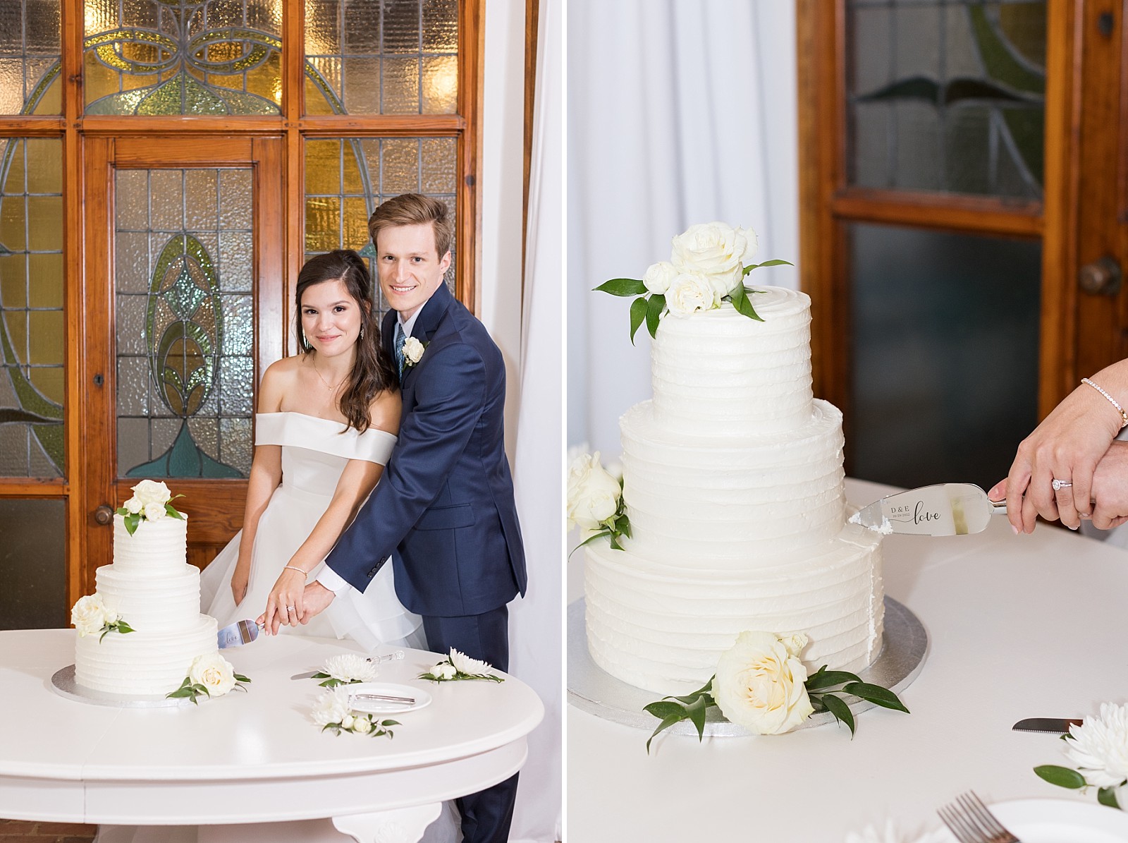 Bride and groom cutting their cake and details of cake cutter  | The Meadows in Raleigh | Raleigh NC Wedding Photographer