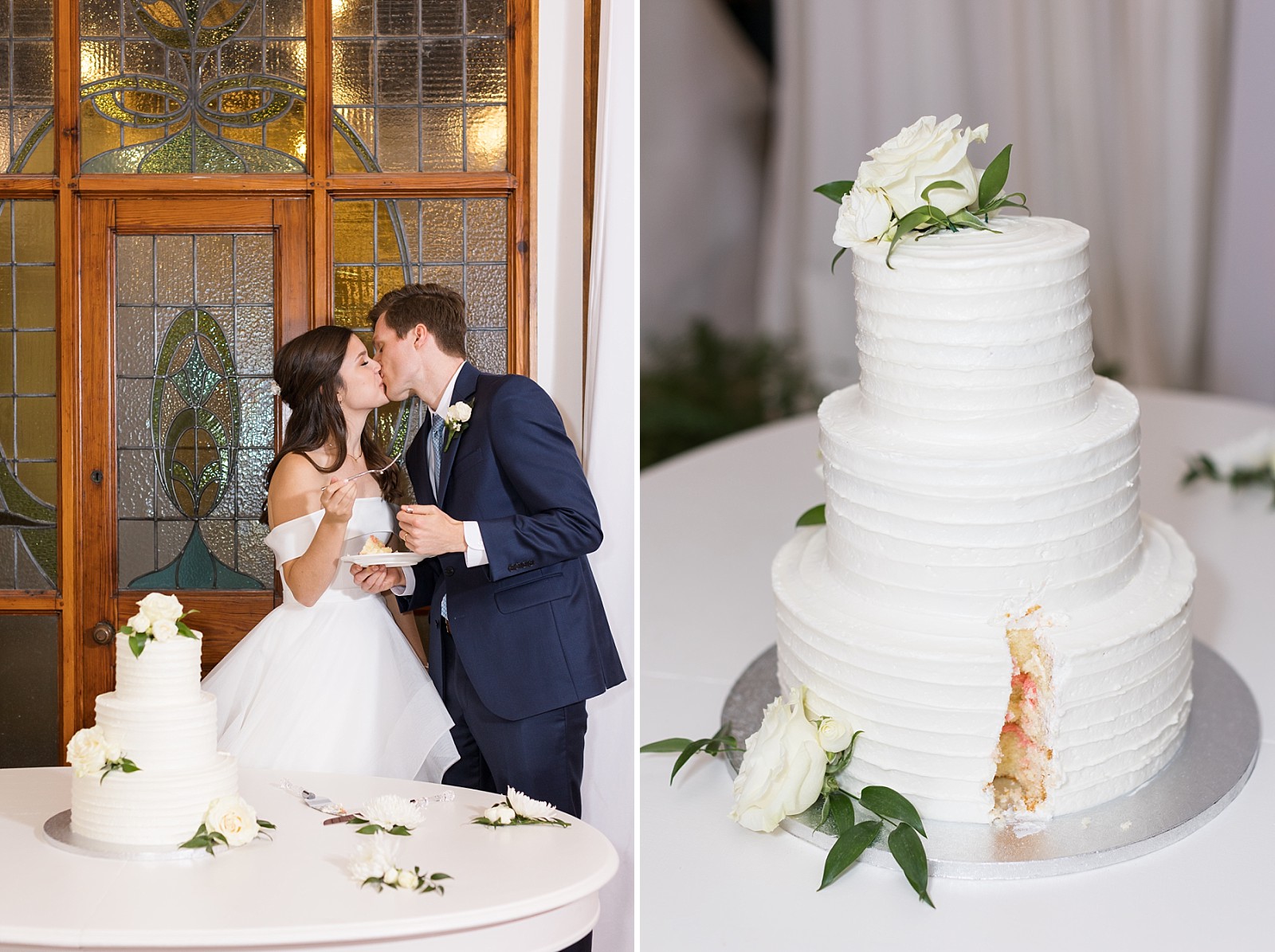 Bride and groom kissing after cake tasting and details of inside of cake  | The Meadows in Raleigh | Raleigh NC Wedding Photographer